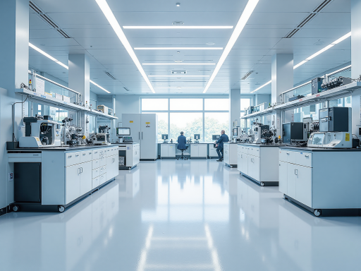 现代化健康产品研发中心内部，专业设备和工作人员，明亮室内光线，科技感氛围